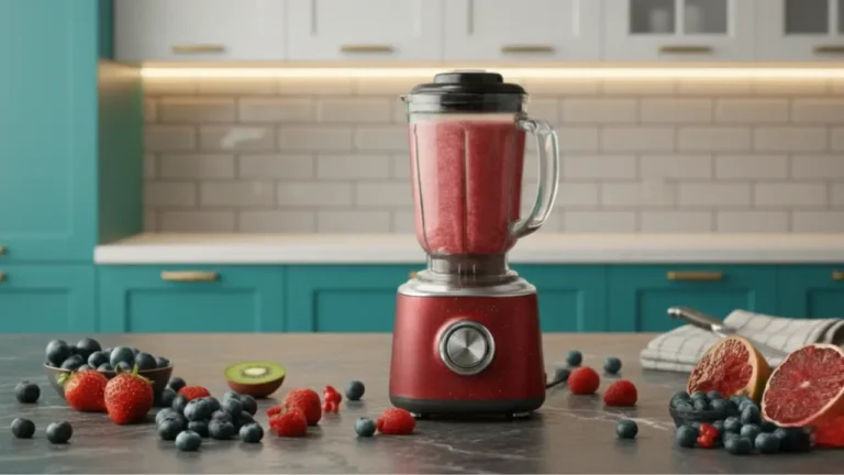 mixer in kitchen with fruits