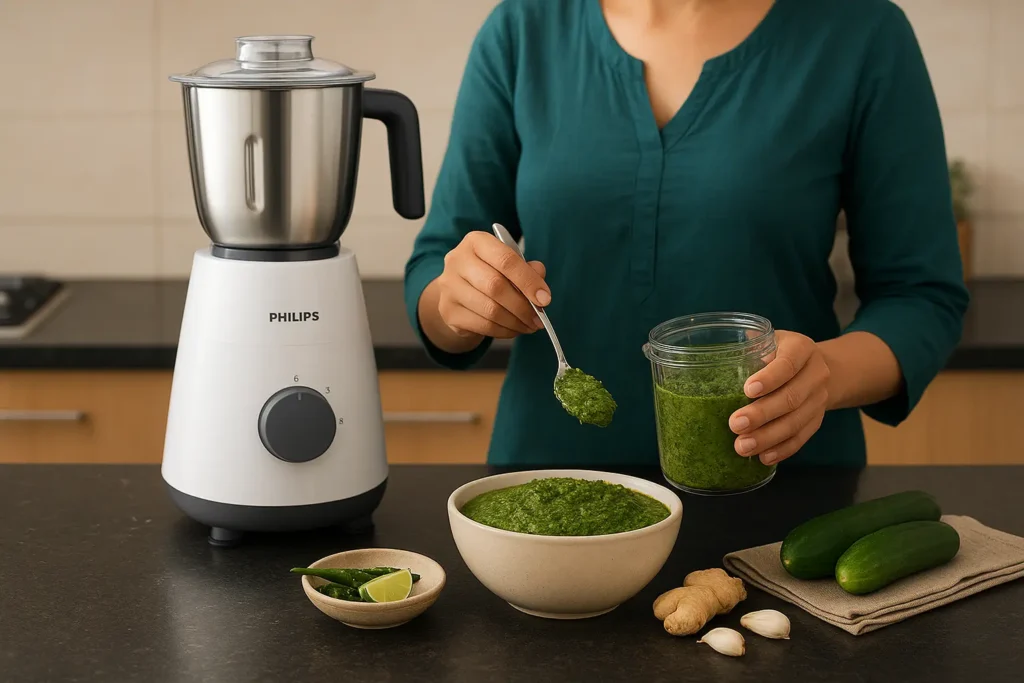 someone preparing chutney or masala with the mixer
